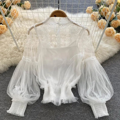 Women'S Blouses & Shirts Women Spring Autumn Long Sleeve Top Perspective Decal Vintage Dress White/Blue/Black/Purple Lantern Lace Court Styl
