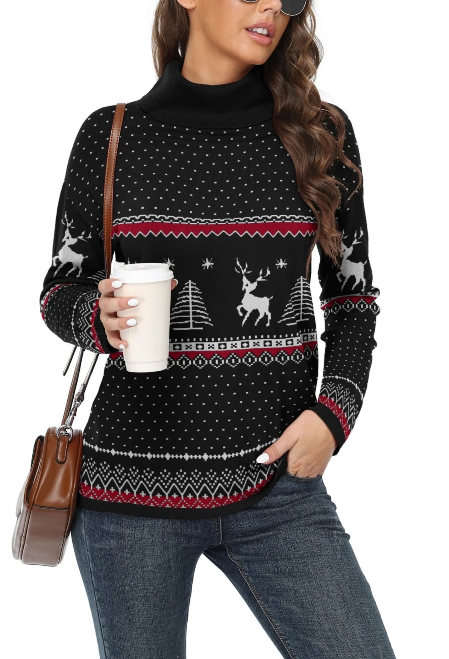 Women'S Turtleneck Sweater Long Sleeve Cozy Warm Casual Lightweight Soft Pullover Jumper Tops,Us Size,Christmas Elk Black,L