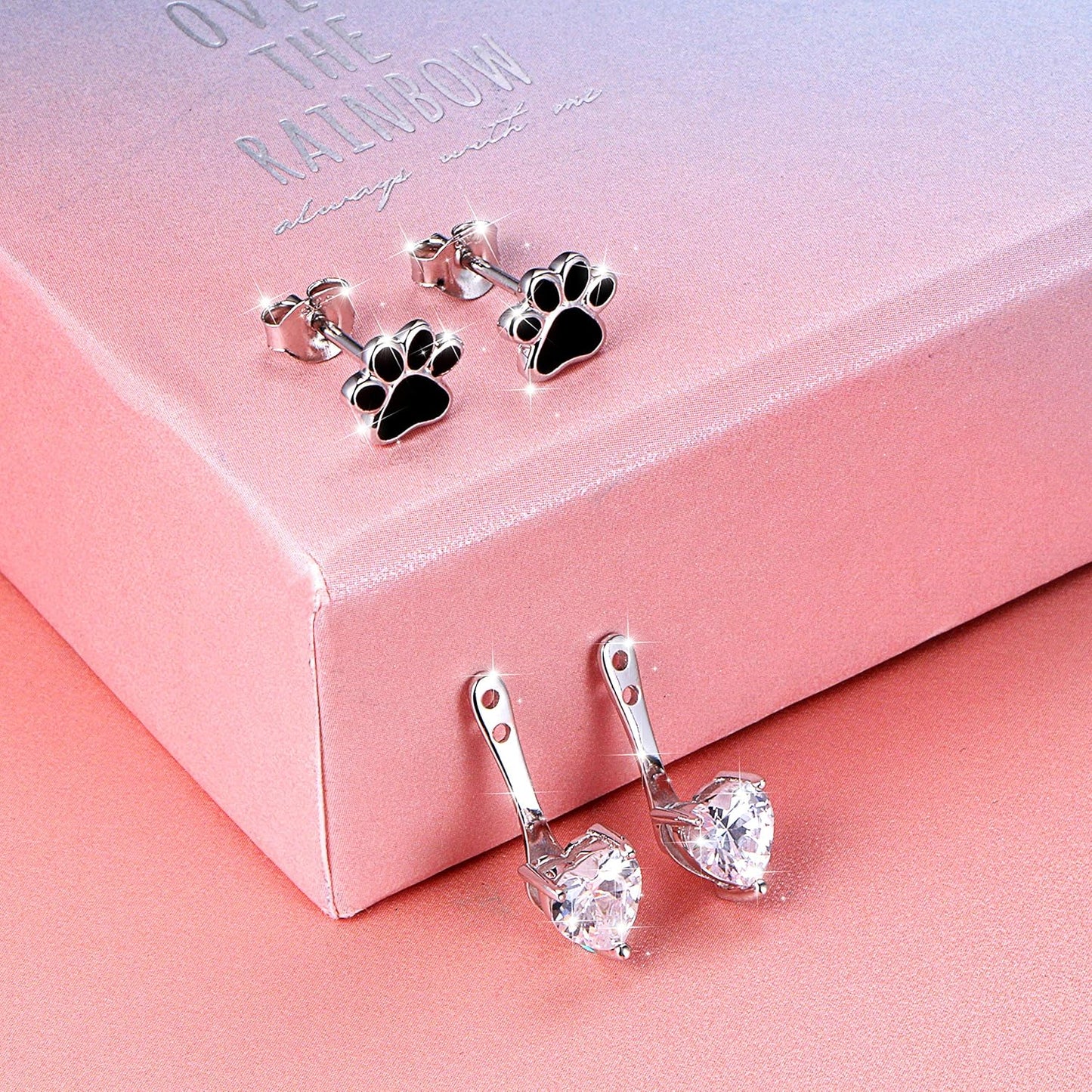 Sterling Silver Forever Love Front and Back Heart Stud Puppy Paw Earrings Jacket for Women