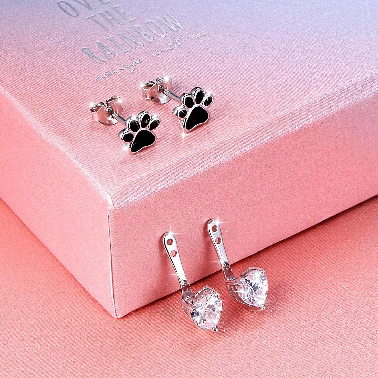 Sterling Silver Forever Love Front and Back Heart Stud Puppy Paw Earrings Jacket for Women
