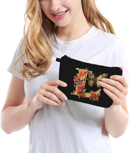 Makeup Bag and Keychain Letters Zipper Pouch Travel Accessories Black Cosmetic Bag Make up Organizer (L)