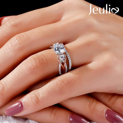 Two Tone Rings for Women Rose Gold Three Stone round Cut Engagement Rings Sterling Silver Halo Bridal Ring Set Anniversary Promise Wedding Ring with Jewelry Gift Box