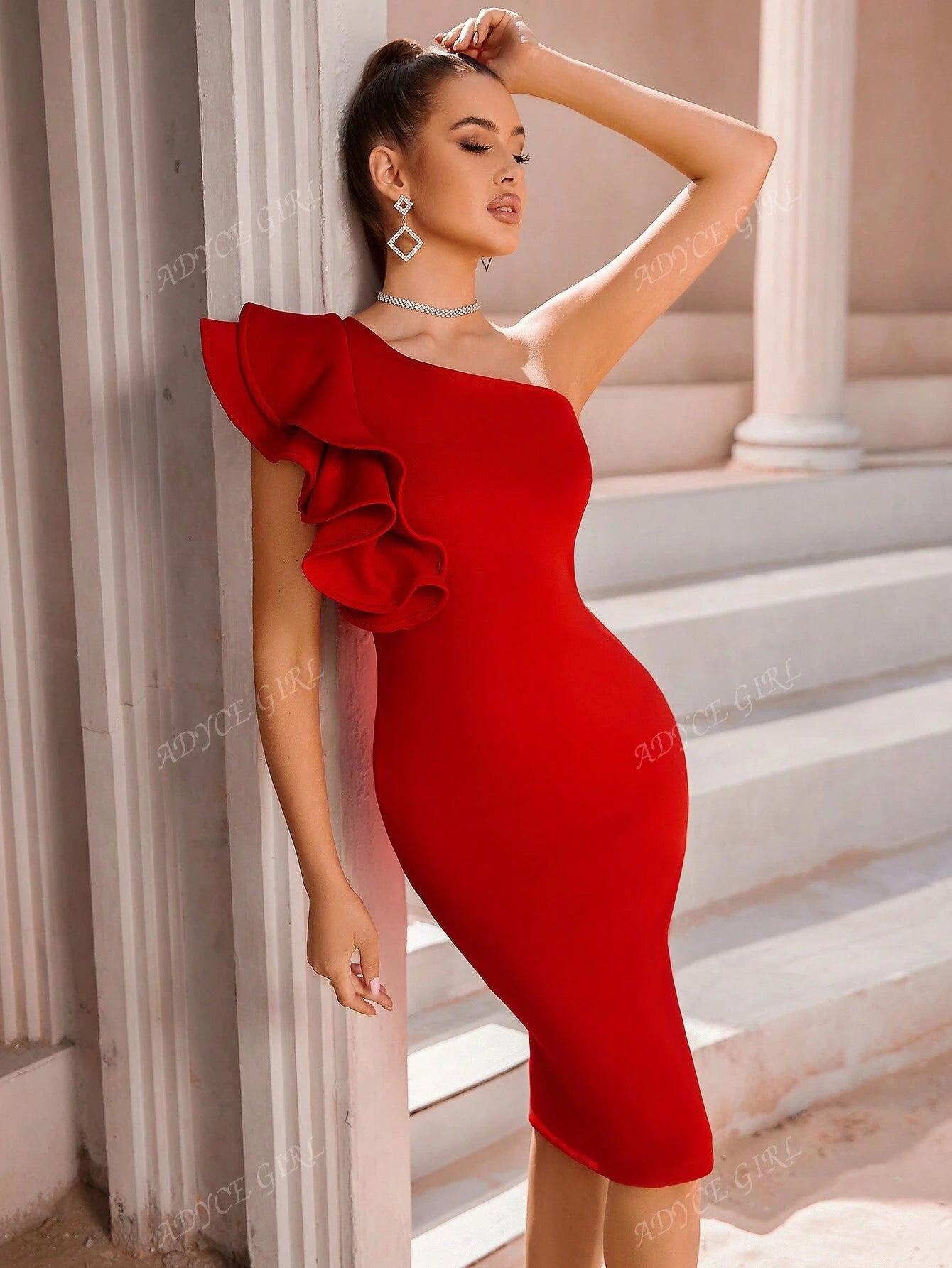 ADYCE One Shoulder Exaggerated Ruffle Trim Split Back Cocktail Party Bandage Dress