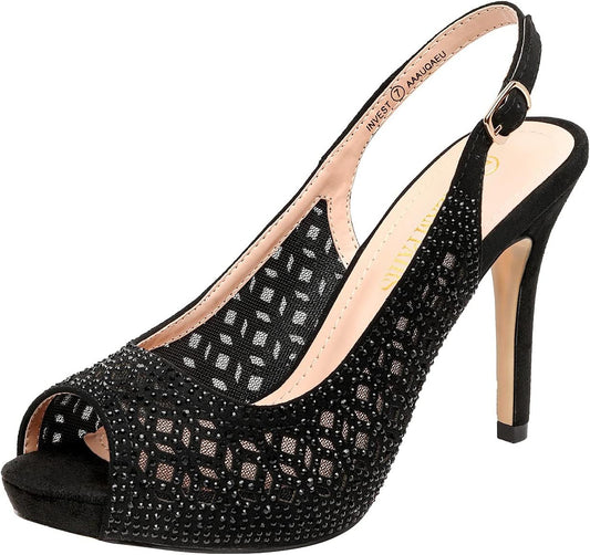 Women'S High Heels Platform Dress Rhinestones Peep Toe Pumps Shoes
