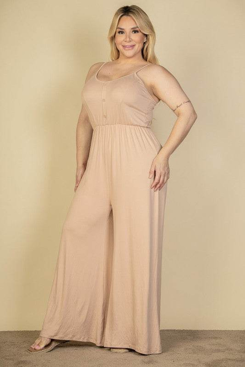 Chic Plus Size Button Front Wide Leg Jumpsuit for Effortless Style - Alrickas’ UNIQUE BOUTIQUE