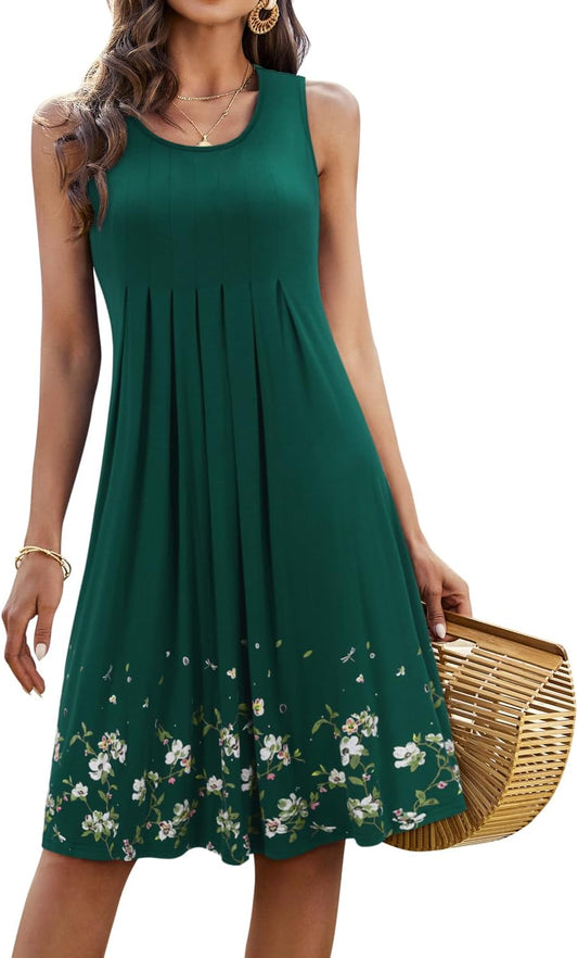 Summer Dresses for Women Casual Beach Sundress 2025 Sleeveless Floral Pleated Midi Vacation Sun Dress