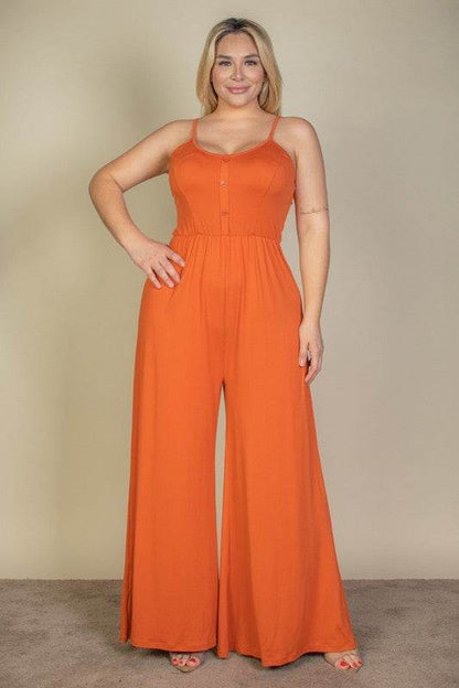 Chic Plus Size Button Front Wide Leg Jumpsuit for Effortless Style - Alrickas’ UNIQUE BOUTIQUE