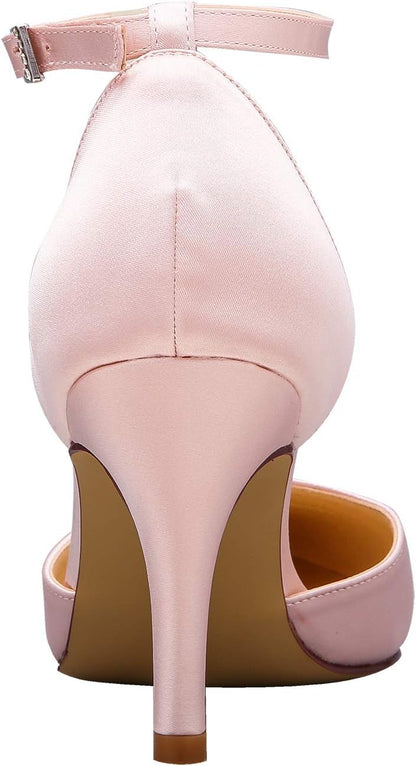 Heels for Women Pointed Toe High Heel Pumps Satin Ankle Strap Wedding Bridal Evening Party Dress Shoes