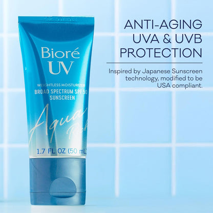 UV Aqua Rich Daily Hydrating Facial Moisturizer with SPF 50 | Oil Free Sunscreen & Primer for Makeup with Hyaluronic Acid, No White Cast, Non-Comedogenic, for Sensitive Skin, PA++++, 1.7 Oz