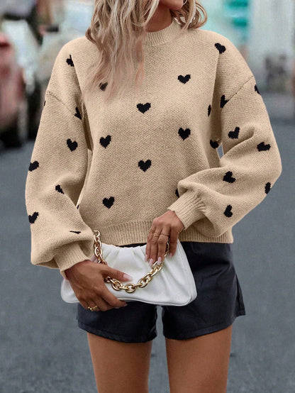 SHEIN LUNE Heart Patterned Dropped Shoulder Casual Sweater, Autumn/Winter Knit Pullover Fall Outfit