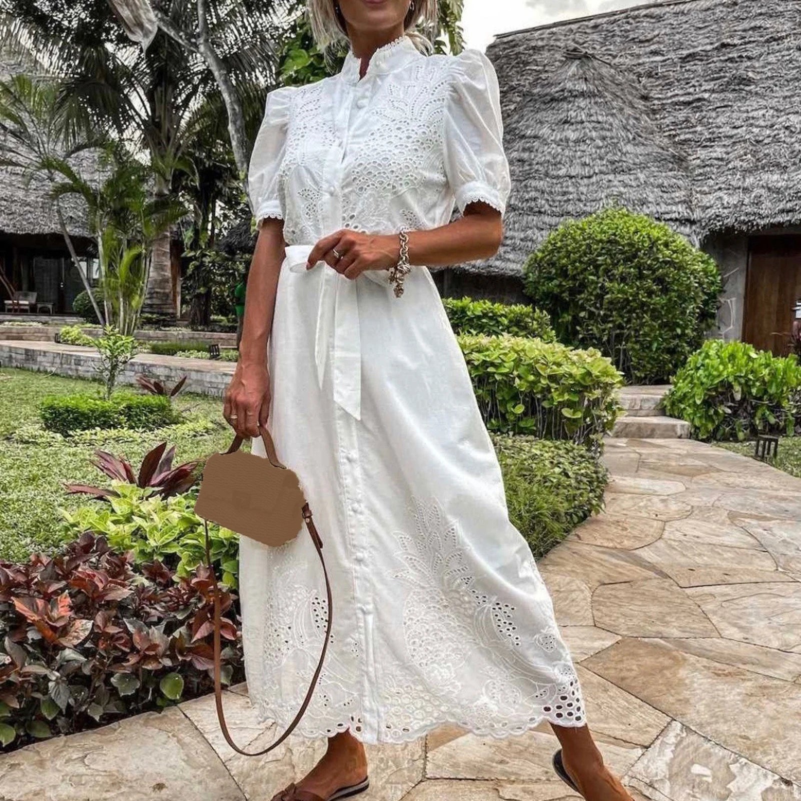 Embroidery Women Chic Lace up Midi Dress Elegant Lapel Short Sleeve Single Breasted Vestidos 2023 Summer Lady Fashion Streetwear