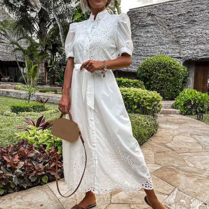 Embroidery Women Chic Lace up Midi Dress Elegant Lapel Short Sleeve Single Breasted Vestidos 2023 Summer Lady Fashion Streetwear