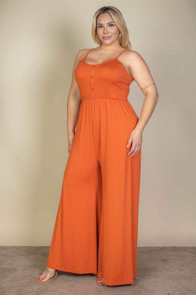 Chic Plus Size Button Front Wide Leg Jumpsuit for Effortless Style - Alrickas’ UNIQUE BOUTIQUE