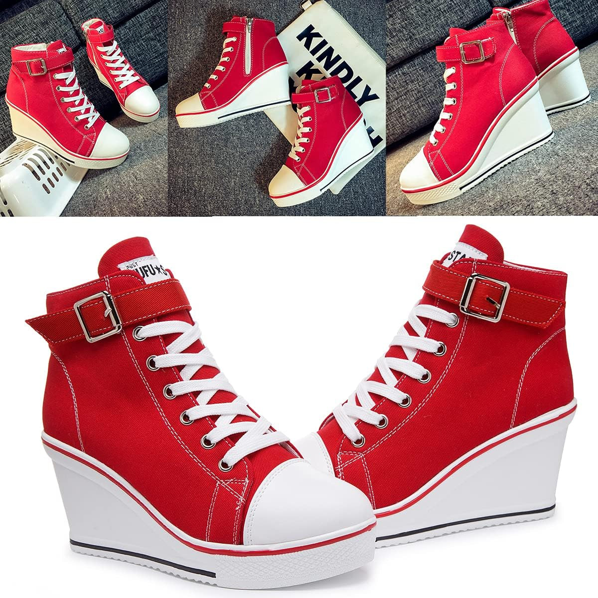 Stylish Wedge Heel Sneakers for Women - High Heel Canvas Shoes with Side Zipper & Lace-Up Design for College Students - Alrickas’ UNIQUE BOUTIQUE