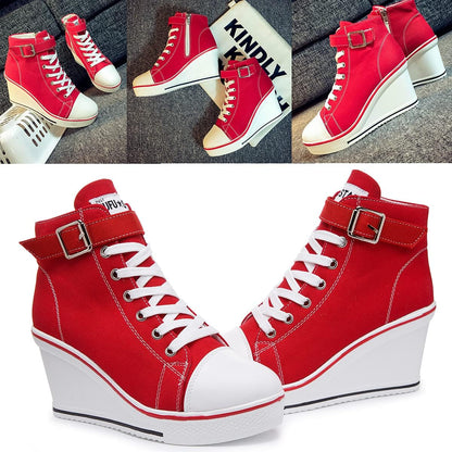 Stylish Wedge Heel Sneakers for Women - High Heel Canvas Shoes with Side Zipper & Lace-Up Design for College Students - Alrickas’ UNIQUE BOUTIQUE
