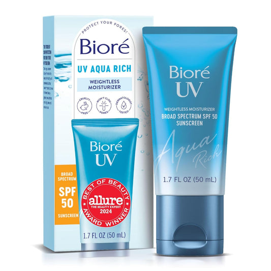 UV Aqua Rich Daily Hydrating Facial Moisturizer with SPF 50 | Oil Free Sunscreen & Primer for Makeup with Hyaluronic Acid, No White Cast, Non-Comedogenic, for Sensitive Skin, PA++++, 1.7 Oz