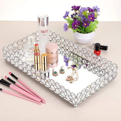 Crystal Cosmetic Makeup Tray - Large Mirrored Vanity Tray Jewelry Trinket Organizer Traytray Home Decorative Dresser Tray Bathroom Tray, 13.7"X 7.87"