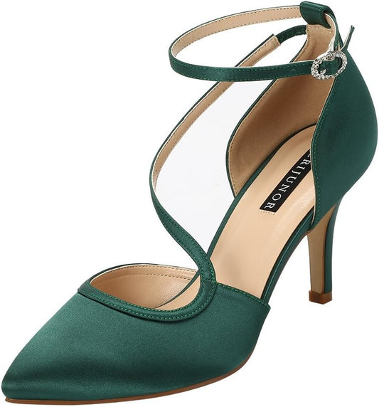 Women Comfortable Mid Heel Ankle Strappy Dress Pumps Pointed Toe Satin Wedding Evening Party Shoes