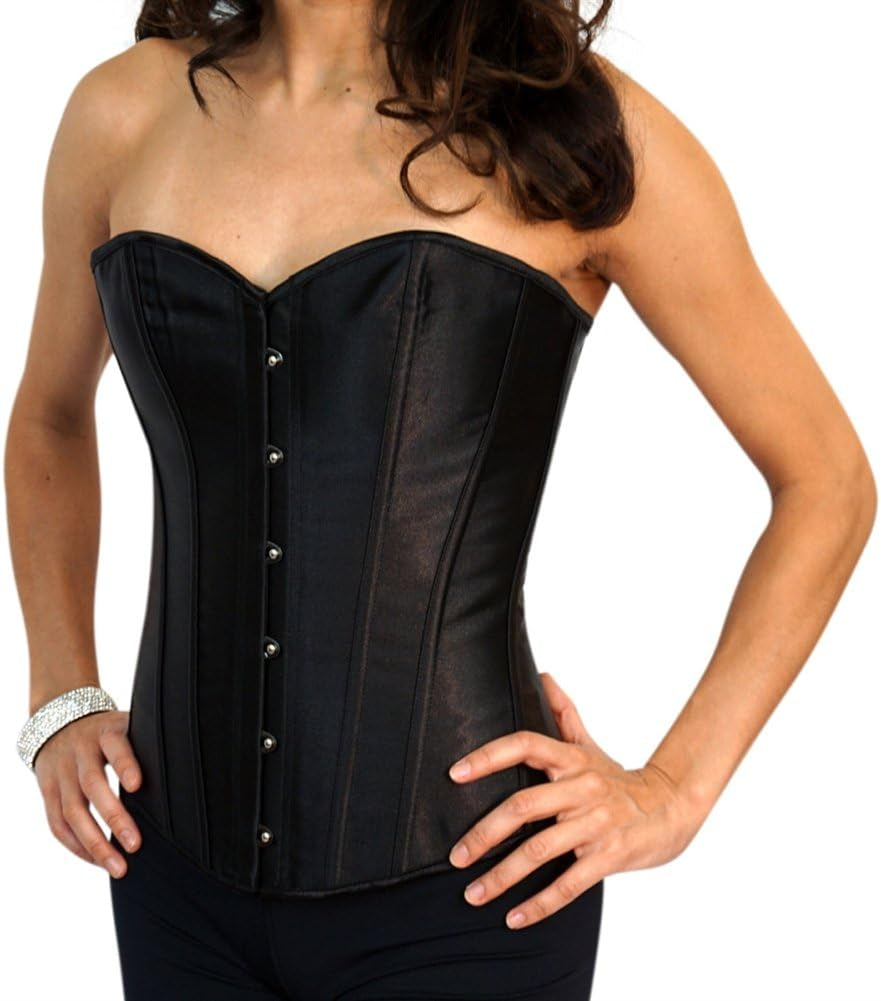 Black Satin Sexy Strong Boned Corset Lace up Overbust Waist Cincher Bustier Bodyshaper Top - Also White & Red