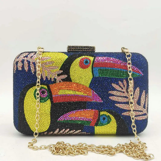 Novelty Toucan Bird Women Crystal Evening Bags Rhinestones Box Minaudiere Clutch Party Cocktail Handbag Purse