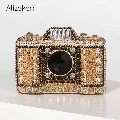 Camera Shaped Diamond Evening Clutch Bags 2024 New Boutique Novelty Metallic Rhinestone Purses and Handbags Bridal Wedding Party