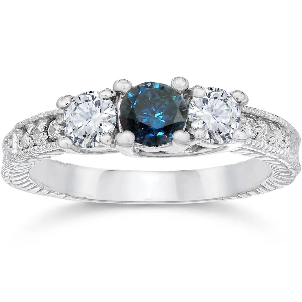 Pompeii 1Ct Vintage Blue Diamond 3-Stone Engagement Ring 14K White Gold (G/H,I1-I2)