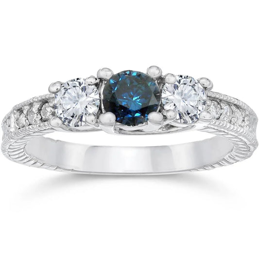 Pompeii 1Ct Vintage Blue Diamond 3-Stone Engagement Ring 14K White Gold (G/H,I1-I2)