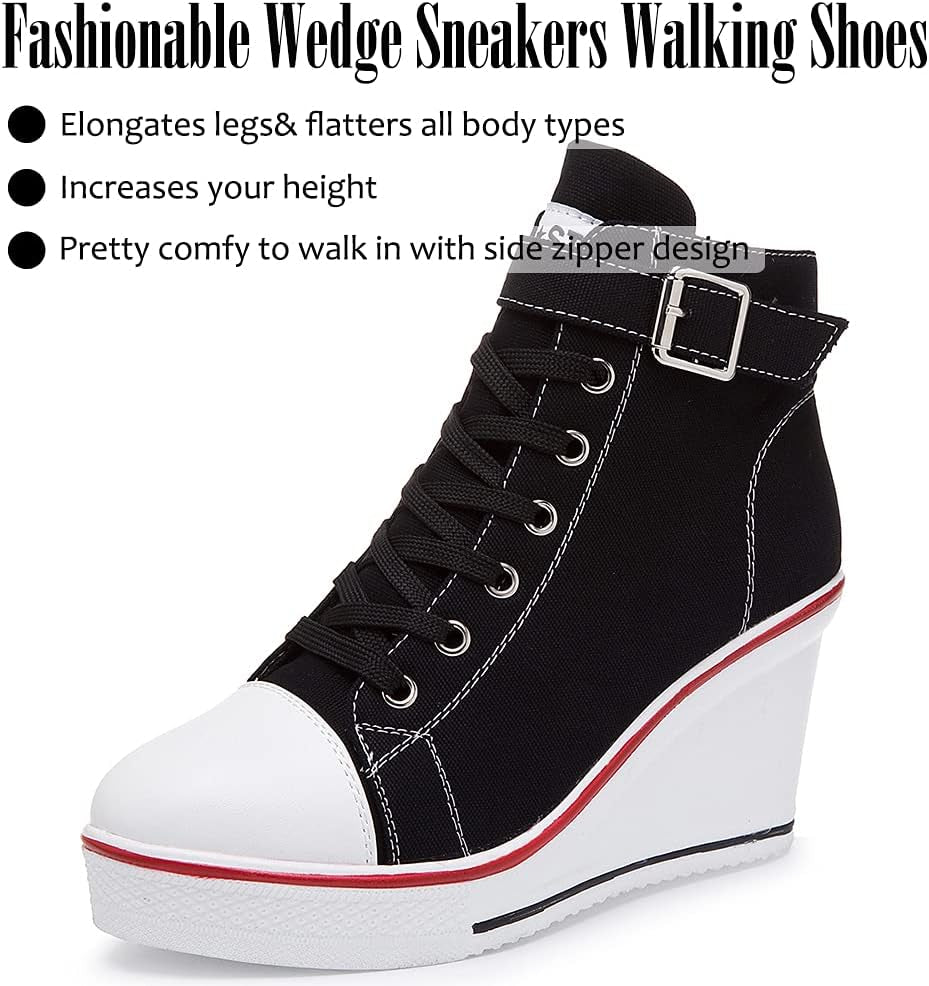 Stylish Wedge Heel Sneakers for Women - High Heel Canvas Shoes with Side Zipper & Lace-Up Design for College Students - Alrickas’ UNIQUE BOUTIQUE