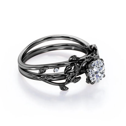 0.50 Carat round Shape - Tree Leaves Design Wedding Set - Nature Inspired Bridal Ring - 18K Black Gold Plating over Silver