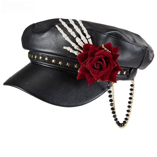 Steam Punk Goth Rose Bead Necklace Baseball Peaked Cap Skull Manual Alarm Bay Hat
