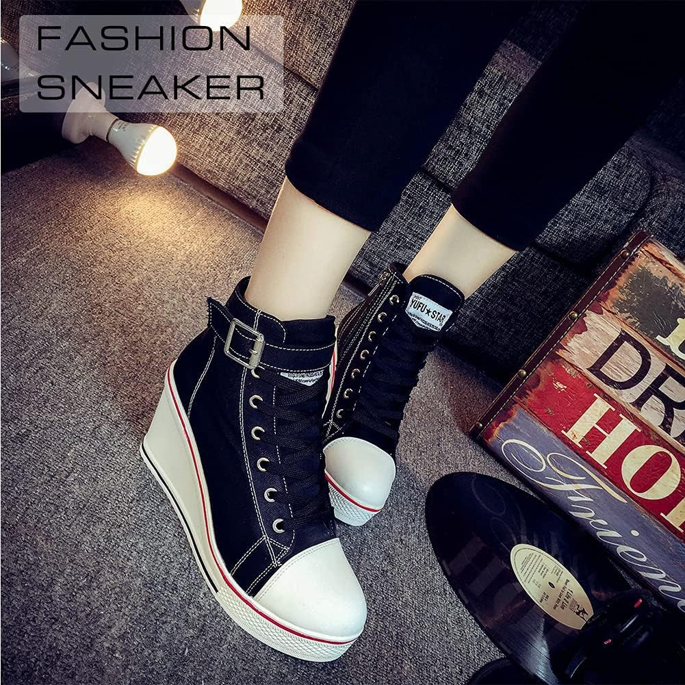 Stylish Wedge Heel Sneakers for Women - High Heel Canvas Shoes with Side Zipper & Lace-Up Design for College Students - Alrickas’ UNIQUE BOUTIQUE