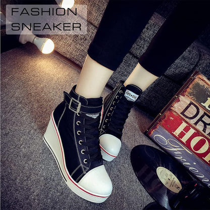 Stylish Wedge Heel Sneakers for Women - High Heel Canvas Shoes with Side Zipper & Lace-Up Design for College Students - Alrickas’ UNIQUE BOUTIQUE
