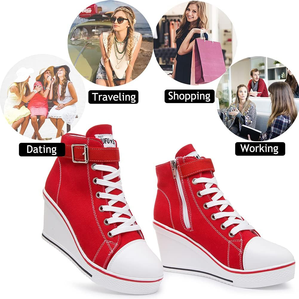 Stylish Wedge Heel Sneakers for Women - High Heel Canvas Shoes with Side Zipper & Lace-Up Design for College Students - Alrickas’ UNIQUE BOUTIQUE