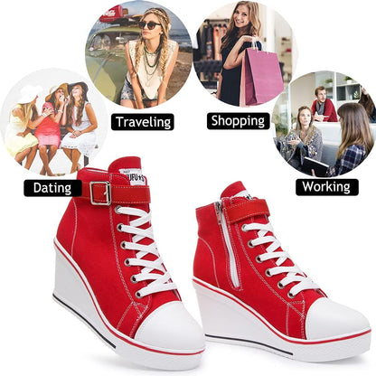 Stylish Wedge Heel Sneakers for Women - High Heel Canvas Shoes with Side Zipper & Lace-Up Design for College Students - Alrickas’ UNIQUE BOUTIQUE