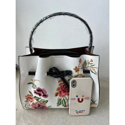 Chinese Style Embroidery Women Shoulder Bag for Ladies Handbags Leather Women'S Luxury Designer Handbag White Big Bags