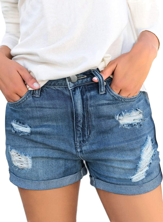 Women'S Ripped High Waisted Denim Shorts Stretchy Cuffed Hem Jean Shorts