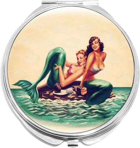 Vintage Mermaids Compact with Mirrors - Perfect Pocket and Purse Size Folding Mirror for Applying Make up Anywhere