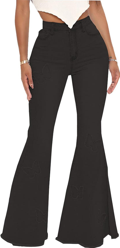 Vintage High Waisted Bell Bottom Jeans for Women - Ripped Flare Denim Pants with Raw Hem - Alrickas’ UNIQUE BOUTIQUE