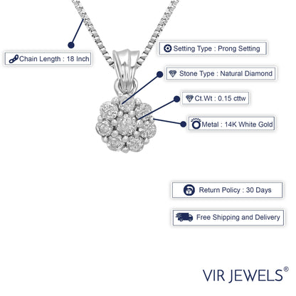0.15 CTTW Diamond Pendant, Diamond Cluster Pendant Necklace for Women in 14K White Gold with 18 Inch Chain, Prong Setting for Female Adult
