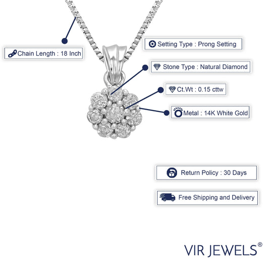 0.15 CTTW Diamond Pendant, Diamond Cluster Pendant Necklace for Women in 14K White Gold with 18 Inch Chain, Prong Setting for Female Adult