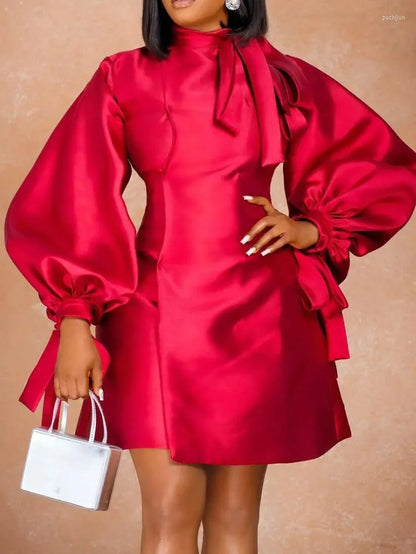 Casual Dresses Red Women Party Dress Elegant Summer Fit and Flare Lantern Sleeve Mini Robes Femmes Solid Bow Going Out Sashes Event Big Size