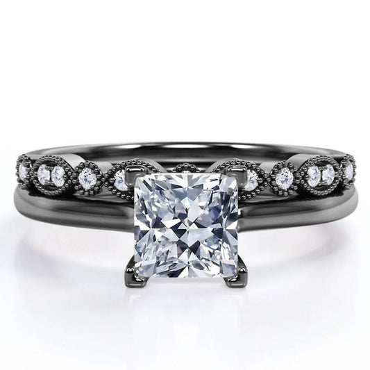 4 Prong Set - 1.50 Carat Princess Cut - Milgrain and Filigree - Wedding Set - 18K Black Gold Plating over Silver (CUSTOMIZE YOUR WEDDING RING BAND)