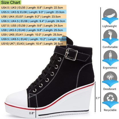 Stylish Wedge Heel Sneakers for Women - High Heel Canvas Shoes with Side Zipper & Lace-Up Design for College Students - Alrickas’ UNIQUE BOUTIQUE