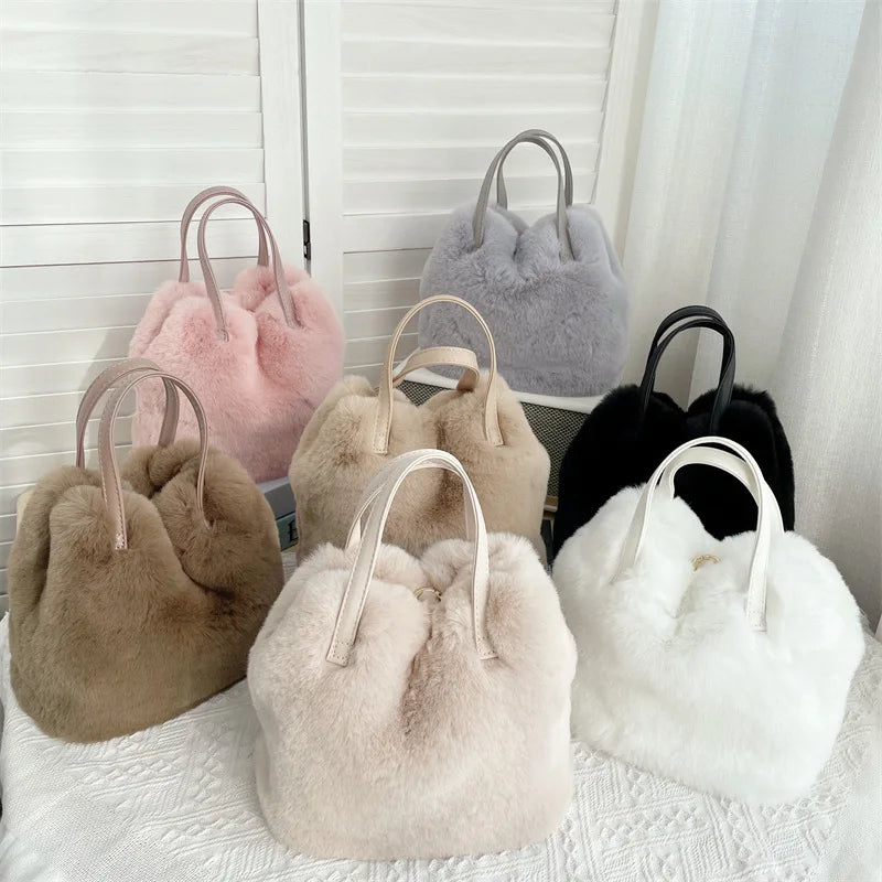 Practical Large-Capacity Bucket Bag Handbag Fashionable Imitation Rabbit Fur Plush Bag Tote Bag 2023 Winter New Designer Bag