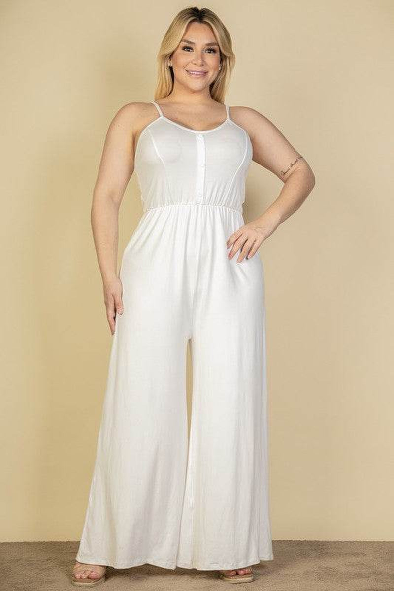 Chic Plus Size Button Front Wide Leg Jumpsuit for Effortless Style - Alrickas’ UNIQUE BOUTIQUE