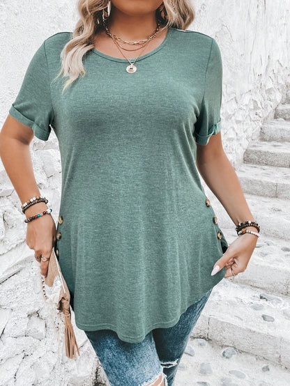 SHEIN LUNE plus Button Detail round Neck Short Sleeve Tee