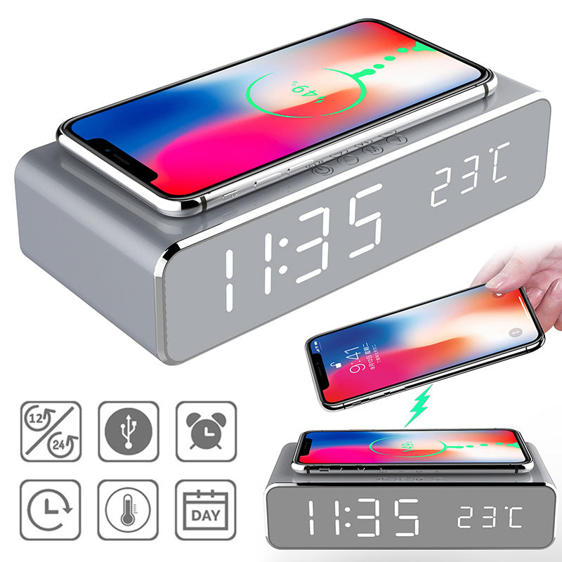 LED Electric Alarm Clock With Wireless Charger Desktop Digital Despertador Thermometer Clock HD Mirror Clock Watch Table Decor - Alrickas’ UNIQUE BOUTIQUE