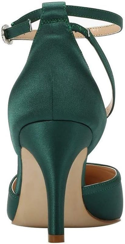 Women Comfortable Mid Heel Ankle Strappy Dress Pumps Pointed Toe Satin Wedding Evening Party Shoes