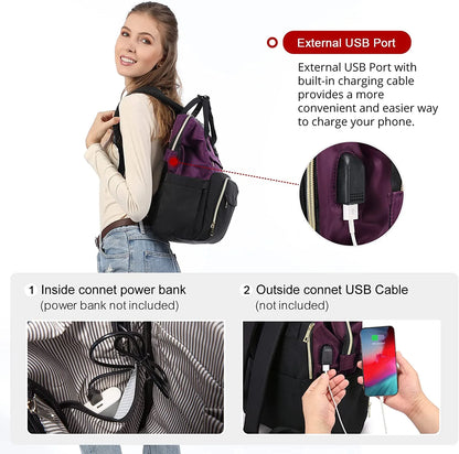 Laptop Bag 15.6",Women Work Computer Bag Teacher Nurse Backpack Purse with Usb,Waterproof Travel Backpack College Bookbag(Dark Purple-Black)