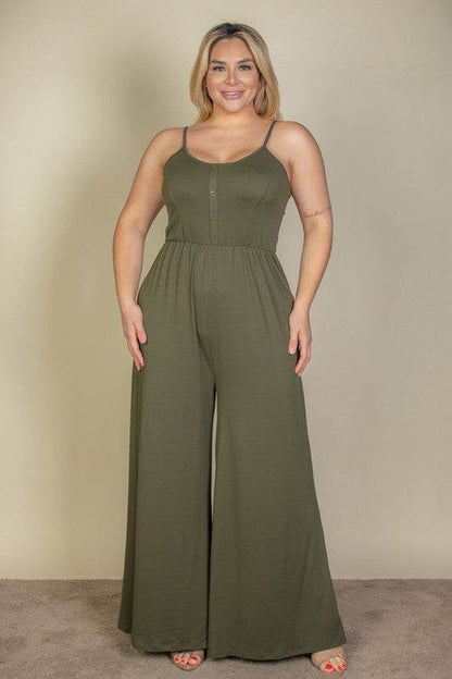 Chic Plus Size Button Front Wide Leg Jumpsuit for Effortless Style - Alrickas’ UNIQUE BOUTIQUE